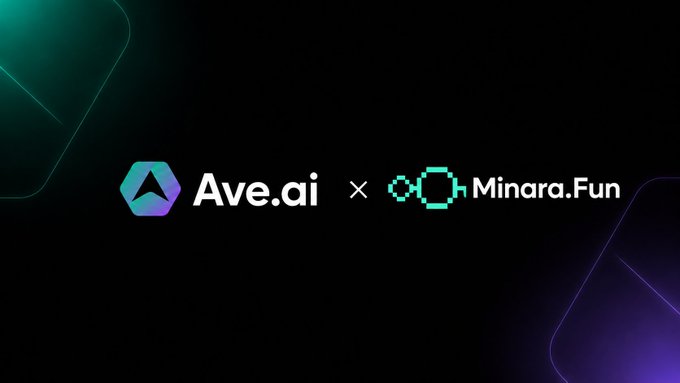 A collaboration banner with a dark background featuring the Ave.ai logo (a cyan-purple hexagonal icon) alongside "Ave.ai × Minara.Fun" in bold white text, with Minara.Fun represented by a teal pixelated robot-like icon. The image visually announces the official integration partnership between Ave.ai and the Minara.Fun Launchpad on the Arc chain, complementing the accompanying announcement post about the integration completion.
