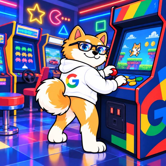 A cartoon illustration of a Shiba Inu dog wearing glasses and a Google hoodie playing an arcade machine featuring a Shiba Inu game, set in a colorful retro arcade.