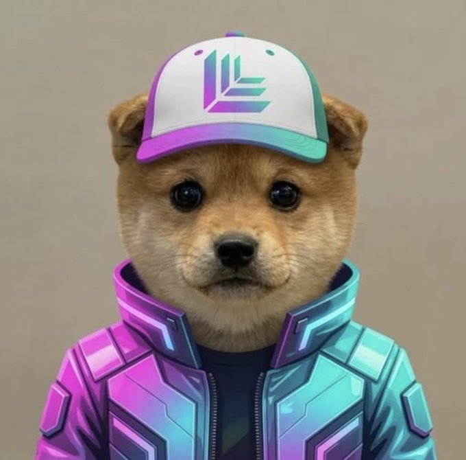 A 3D-rendered Shiba Inu dog wearing a white, purple, and teal cap with an 'L' logo, dressed in a matching futuristic purple and teal jacket.