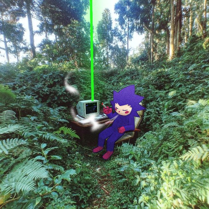 A furry character in a purple outfit sits at an old computer terminal in a lush forest, smoking a cigar while a bright green beam shoots skyward from the machine. The surreal, retro-tech scene pairs with the "$CHOG" meme currency theme, suggesting the character is "working" or coding the $CHOG project deep in the wilderness.