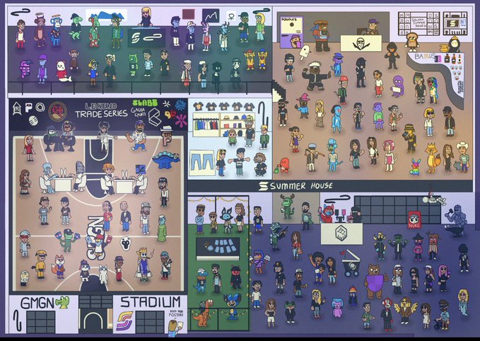Pixel art collage showing various characters from Scribblenauts-style games across themed areas including a Legend Trade Series, Arcade, Bank, Barbershop, Stadium, and Summer House.