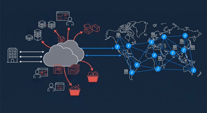 A dark-themed infographic shows a central cloud icon connecting on the left to servers, charts, and user/building icons, and on the right to a world map overlaid with blue network nodes and data center symbols, illustrating the contrast between costly centralized cloud infrastructure and Filecoin's distributed global storage network—visually reinforcing the post's claim that Filecoin eliminates the cloud waste and management overhead faced by small companies spending under $100,000 a year.