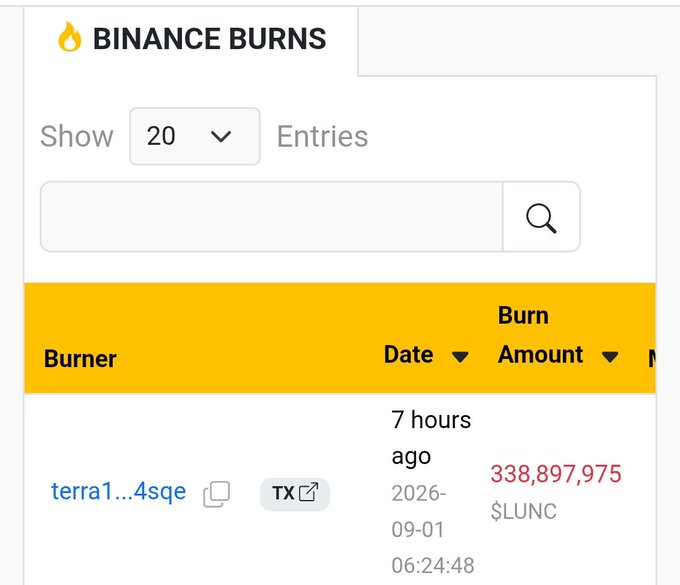 A 'BINANCE BURNS' tracker screenshot showing a transaction by 'terra1...4sqe' 7 hours ago with a burn amount of 338,897,975 $LUNC.