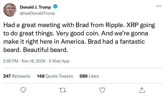 A tweet from Donald J. Trump (@realDonaldTrump) dated November 16, 2024 reads: "Had a great meeting with Brad from Ripple. XRP going to do great things. Very good coin. And we're gonna make it right here in America. Brad had a fantastic beard. Beautiful beard." The post, which received 247 retweets and 589 likes, aligns with the caption celebrating XRP's bullish momentum following Trump's apparent endorsement of the cryptocurrency.