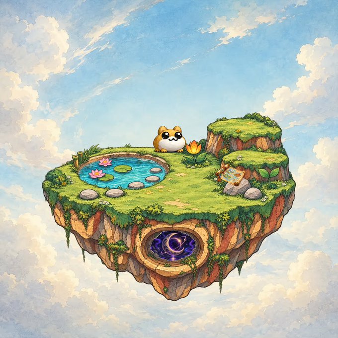 A whimsical digital illustration depicts a small, floating grassy island in the sky, featuring a cute cat-like creature, a small pond, and a portal at the base.