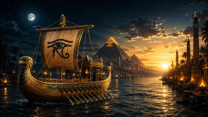 A fantasy illustration of an Egyptian boat with an Eye of Horus on its sail, floating on a river at sunset with a pyramid in the background and obelisks on the shore.