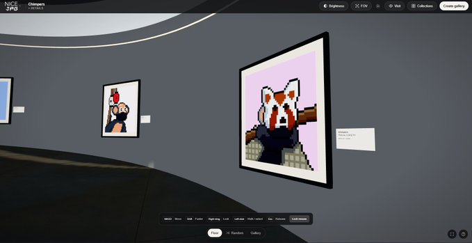 A virtual gallery on NiceJPG.xyz displays pixelated NFT artworks from the Chimpers collection, including a prominent fox-like character artwork with a "Docked" label visible next to it. The image showcases the platform's 3D gallery feature, which allows users to visualize their NFTs as framed displays in an immersive exhibition space.