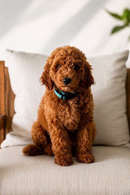 A small, curly-haired reddish-brown dog wearing a teal collar sits on a beige cushion against a white pillow.