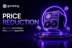 Promotional graphic for "gomining" announcing a "PRICE REDUCTION on miner purchases and power upgrades" with a neon purple and pink design featuring a stylized monitor.