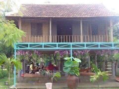 A traditional wooden stilt house with a blue porch railing, decorated with hanging purple flowers and potted plants in front.