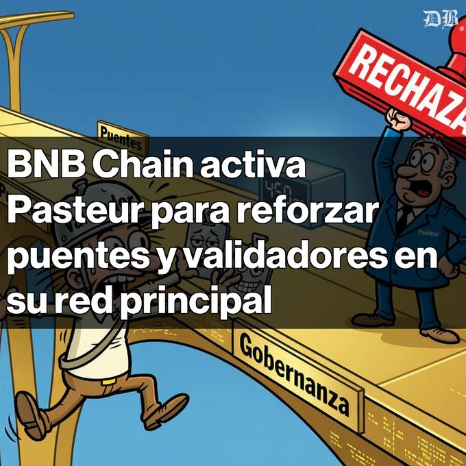 An illustration showing cartoon characters on a bridge labeled 'Puentes' and 'Gobernanza', with the text 'BNB Chain activa Pasteur para reforzar puentes y validadores en su red principal'.