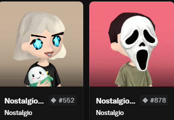 Two NFT avatars from a collection called 'Nostalgio' (series #552 and #878), featuring a chibi-style character on the left and a figure wearing a Ghostface Scream mask on the right.