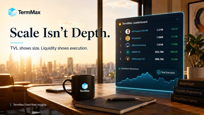 A modern office desk scene displays a transparent digital leaderboard showing rankings like "@zhougen2792184 - 1.21M (+9.21K)" and "@djnbtc - 1.99M (+7.13K)" alongside the TermMax logo, a branded mug, and stacked books labeled "Market Depth," "Liquidity Engineering," and "Fixed Rate Capital." Bold text reads "Scale Isn't Depth. TVL shows size. Liquidity shows execution," visually reinforcing the post's point that the 108x multiplier reflects effort, not the real-world value of XP rewards on TermMaxFi's Turbo Pad.