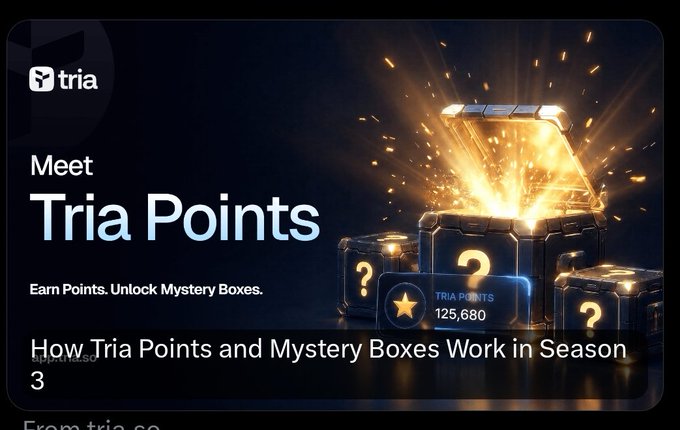 The image shows a post about a new feature for the cryptocurrency exchange Tria Points. The post explains that users can earn points by participating in mystery boxes, which are like treasure chests filled with coins or tokens. These points can be used to Unlock Mystery Boxes, where users have to solve puzzles and answer questions related to specific cryptocurrencies to reveal the hidden coins inside. The post also mentions that there is a new feature called @useTria that allows users to see their balances in these mystery boxes directly on the app.