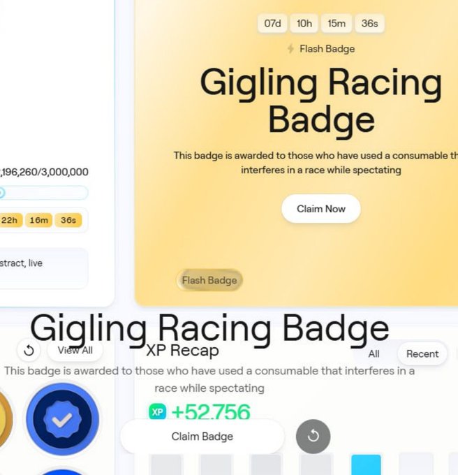 The image shows a "Gigling Racing Badge" claim screen from Abstract with a 7d 10h 15m 36s countdown timer and a +52.756 XP recap, relating to the post celebrating earning this easy badge from @AbstractChain.
