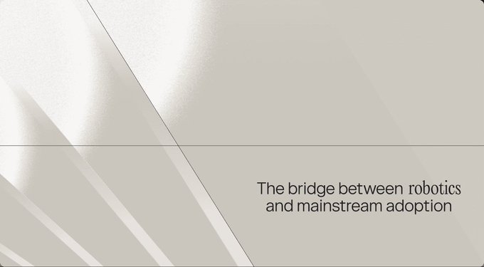 A minimalist presentation slide with a sleek gray background featuring the text "The bridge between robotics and mainstream adoption."