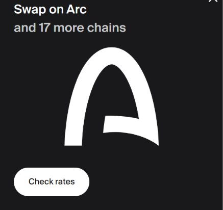 A promotional graphic on a black background displaying "Swap on Arc and 17 more chains" alongside a stylized white "A" logo, with a "Check rates" button at the bottom—visually reinforcing the announcement of 1inch's integration with Circle Arc, which enables gas-free swaps and MEV protection across multiple chains.