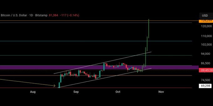 A financial graph showing the 'Bitcoin / U.S. Dollar' chart on Bitstamp, indicating a current price of 81,384 with a recent surge past $94,000.