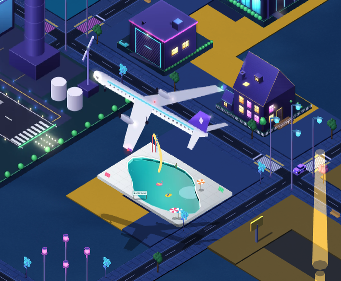 An isometric illustration depicts a small town scene at night featuring an airplane on a road near a swimming pool, surrounded by stylized buildings, streetlights, and trees in a purple and yellow color palette.