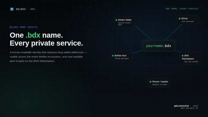 A presentation slide titled 'BELDEX NAME SERVICE' with the text 'One .bdx name. Every private service.' shows a diagram mapping 'yourname.bdx' to services including 'Beldex Wallet', 'BChat', 'BelNet Host', 'BNS Marketplace', and 'Renew / Update', with tickers @BELDEXCOIN $BDX and DEX:BELDEX.IO.