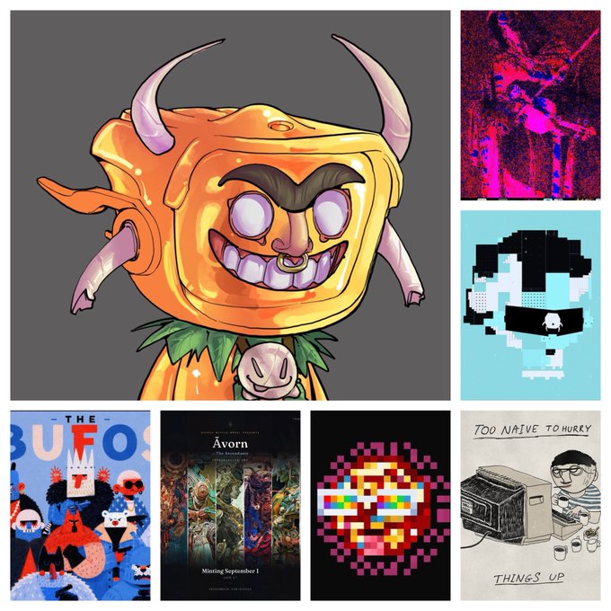 A collage of various artwork pieces, the largest showing an orange, horned, one-eyed cartoon character with a wide grin, surrounded by smaller images including pixel art of a skull, a Bufo poster, an 'Avorn' game ad, a colorful pixelated logo, and a drawing captioned 'TOO NAIVE TO HURRY' and 'THINGS UP'.