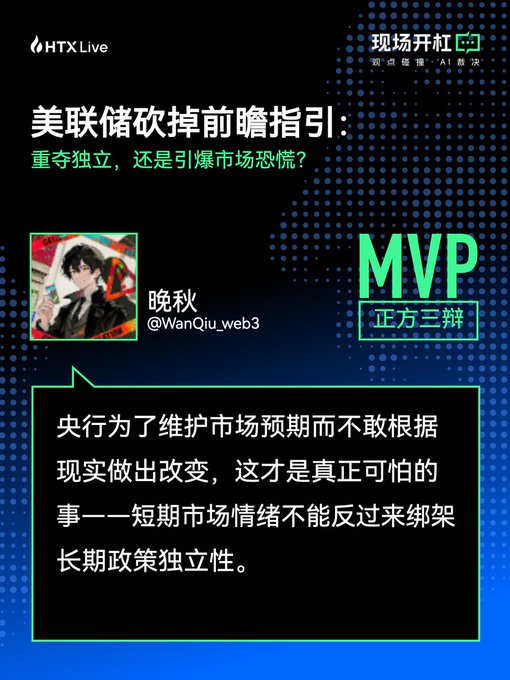 An HTX Live "现场开杠" debate graphic features MVP 晚秋 (@WanQiu_web3) on the affirmative side, arguing that the Fed's hesitation to break from market expectations is dangerous, with the quote: "央行为了维护市场预期而不敢根据现实做出改变，这才是真正可怕的事——短期市场情绪不能反过来绑架长期政策独立性."