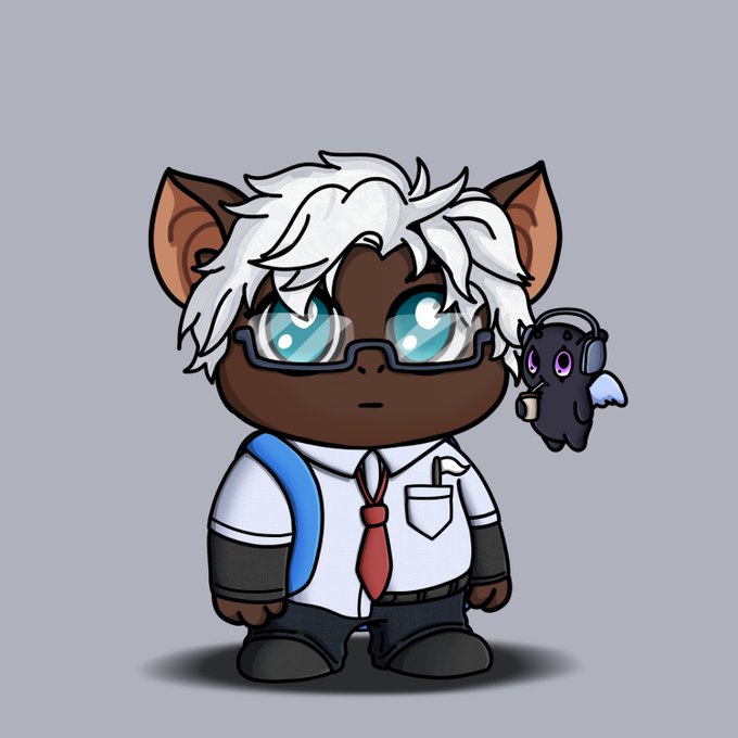 A chibi-style cartoon illustration of a dark-skinned character with white hair, glasses, and a red tie, accompanied by a small black winged creature on a gray background.