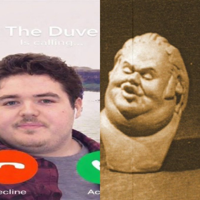 A split-screen meme shows a “The Duve is calling…” phone call with Jack Duval on the left and an early, human-like Shrek model on the right, humorously comparing the creator’s original design to Duval.
