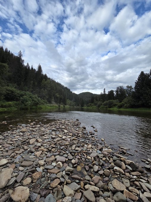 Scenic photograph of a rocky riverbank leading into a calm river, flanked by green forested hills under a cloudy blue sky.