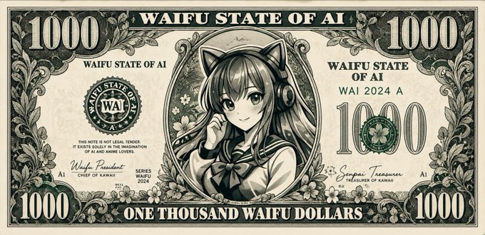 The image depicts a fictional "One Thousand Waifu Dollars" banknote from the "Waifu State of AI," featuring an anime-style cat-eared girl with the text "WAI 2024 A" and "1000" prominently displayed, serving as a playful visual representation of the $WAIFU meme coin promotion advertised in the post.