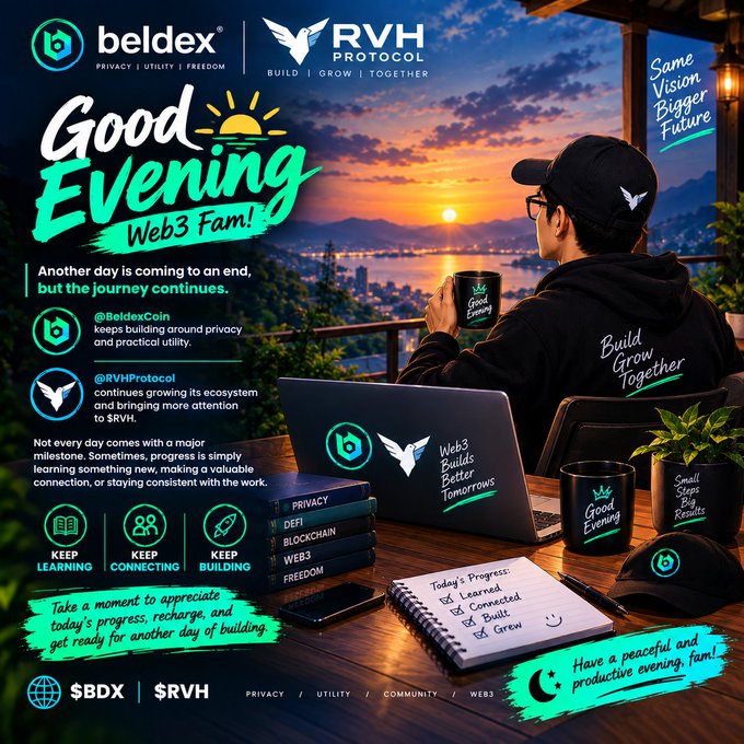 A promotional graphic featuring logos for 'beldex' and 'RVH PROTOCOL' with the text 'Good Evening Web3 Fam!' showing a person with a laptop and coffee mug at sunset.