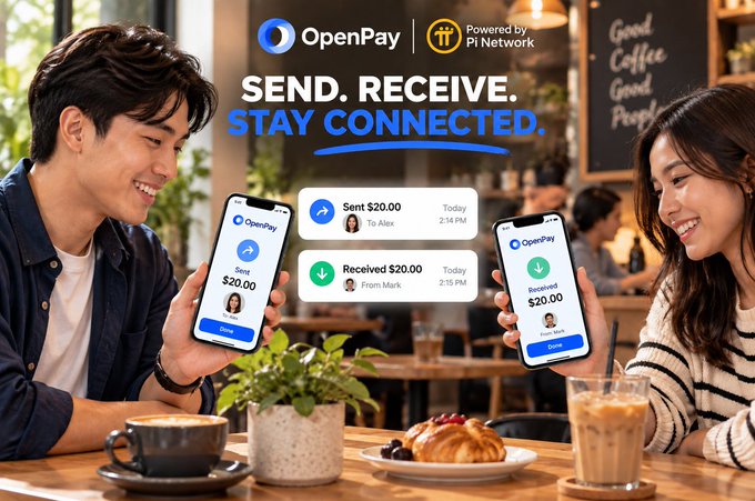 An OpenPay (Pi Network) promotional image featuring a man and woman at a café smiling while holding up phones displaying the app, with the text 'SEND. RECEIVE. STAY CONNECTED.' showing sent and received $20.00 transactions.