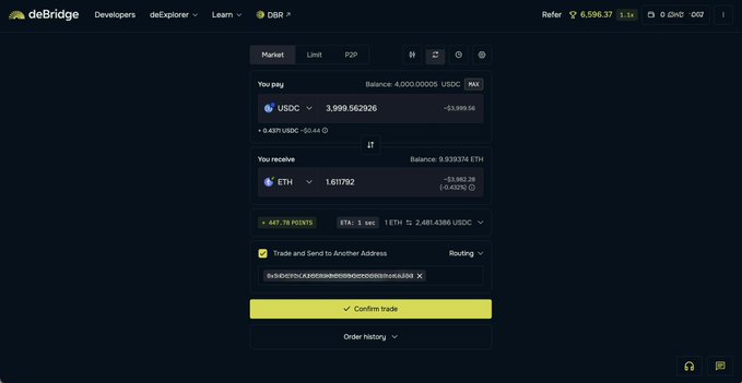 The image shows a deBridge swap interface where a user is trading approximately 3,999.56 USDC for 1.617592 ETH, with an option to send to another address. The interface displays a referrer earnings of 6,596.37 and shows a fee of 447.78 points, highlighting the platform's role in facilitating token swaps referenced in the post about Robinhood Chain and transferring USDG or ETH.