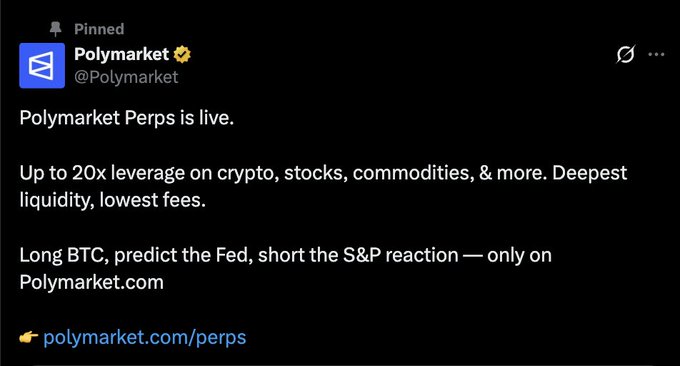 A pinned announcement from Polymarket (@Polymarket) on X declares "Polymarket Perps is live," offering up to 20x leverage on crypto, stocks, and commodities, and inviting users to "Long BTC, predict the Fed, short the S&P reaction" via polymarket.com/perps.