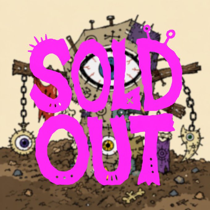 A cartoon-style image shows a creepy stitched creature with multiple eyes in a dirt landscape, overlaid with large pink graffiti-style text reading 'SOLD OUT'.