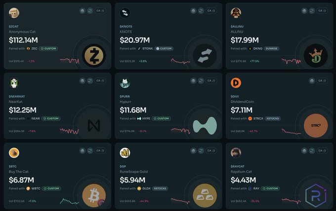 A screenshot of a cryptocurrency tracking dashboard displaying nine token listings including ZCAT ($112.14M), $KNOTS ($20.97M), ALINU ($17.99M), $NEAR ($12.25M), $PURR ($11.68M), $DVIVI ($7.11M), $BTC ($6.87M), DGP ($5.94M), and $RAYCAT ($4.43M) with their respective price charts.