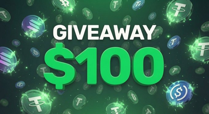This image announces a "GIVEAWAY" of "$100", featuring various cryptocurrency coins like USDT, Solana, and Bitcoin. The prominent title and dollar amount directly relate to the giveaway described in the accompanying post.