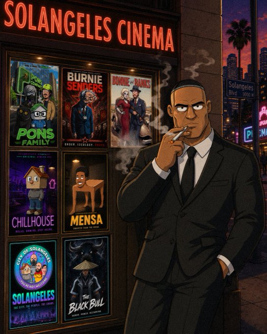A suited cartoon man smokes a cigarette outside "SOLANGELES CINEMA," which displays seven movie posters including "Pons Family," "Burnie Servers," "Bonnie & Banks," "Chillhouse," "Mensa," "Solangeles," and "The Black Bull," with a city skyline and "Solangeles Blvd 3000 W" street sign in the background—visually promoting the show's weekly episode lineup.