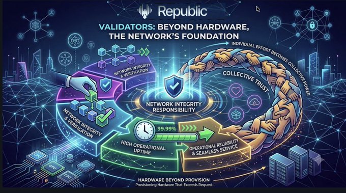 A futuristic infographic from Republic titled 'VALIDATORS: BEYOND HARDWARE, THE NETWORK'S FOUNDATION' illustrates concepts like Network Integrity & Verification, High Operational Uptime (99.99%), and Collective Trust, showing hands joining together.