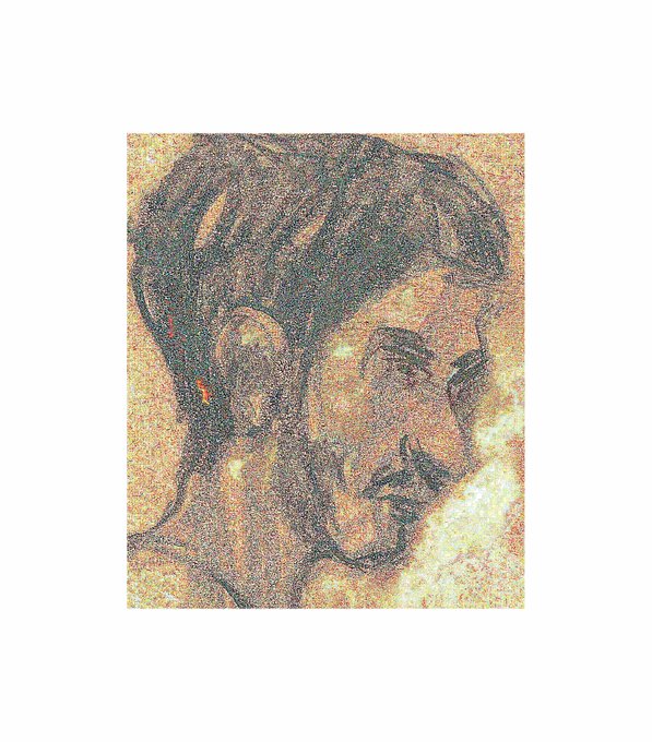 A pointillist or heavily textured impressionistic portrait of a man with dark hair and a mustache in warm, earthy tones.