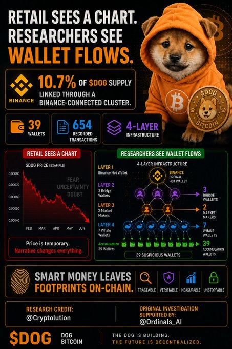 The image shows an infographic with various data tables that explain Bitcoin wallet flows. The infographic also features a dog wearing an orange sweater, adding a playful touch to the topic. The poster highlights how retail sales are charted, research indicates that cryptocurrency wallets flow, and Smart money leaves footprints on-chain. The caption on this post is "Smart money leaves footprints on-chain."