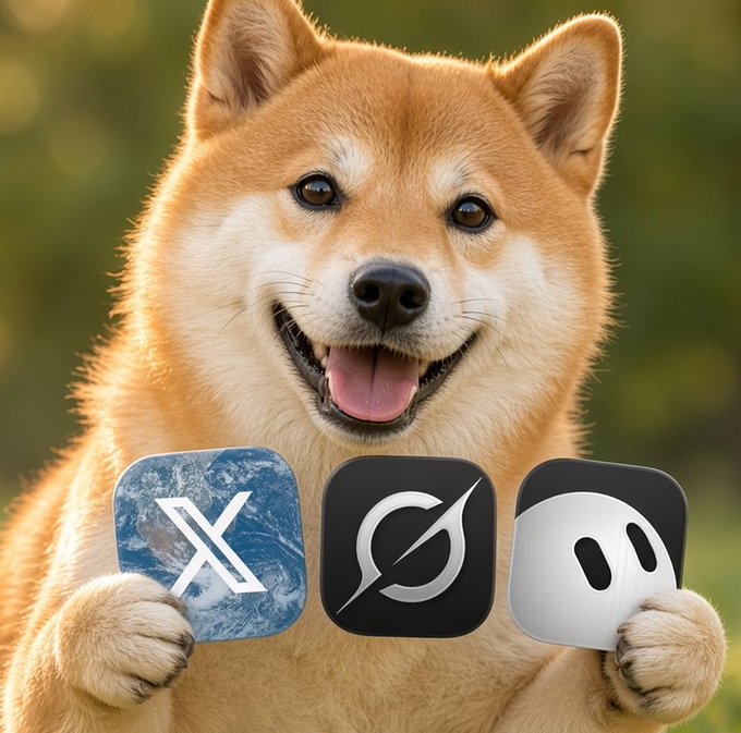 A smiling Shiba Inu dog holds three app icons representing X (formerly Twitter), a circular refresh/loading symbol, and Discord in its paws.