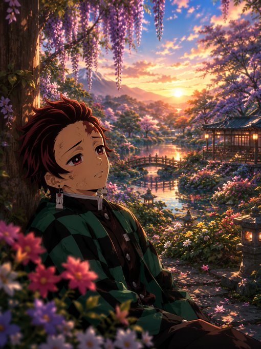 An anime-style illustration of Tanjiro Kamado from Demon Slayer sitting beneath a tree with wisteria flowers, overlooking a serene garden with a bridge and sunset.
