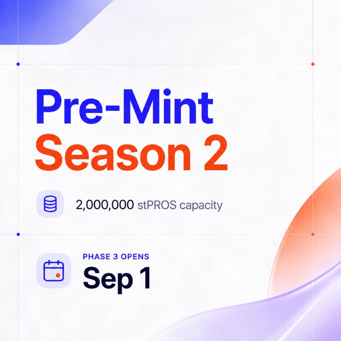 A promotional graphic announcing 'Pre-Mint Season 2' with 2,000,000 stPROS capacity, stating 'PHASE 3 OPENS Sep 1', set against a white background with purple and orange abstract shapes.