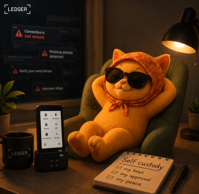 The image features a stuffed animal cat wearing sunglasses and a scarf, sitting comfortably in an office chair with a notebook next to it. The cat appears relaxed and at ease while lounging in the chair. In front of the cat, there is a cell phone on a desk, along with a cup and a pen. A note or a list can be seen nearby as well.

The image also contains text that reads "@Ledger hardware anchored security basically changed how i think about self custody for me it comes down to one simple thing my keys never leave the @Ledger itself even if my phone, browser, laptop, or some sketchy dApp gets compromised, the actual keys stay isolated". This message seems to be related to the concept of self-custody and security in the context of Ledger hardware.