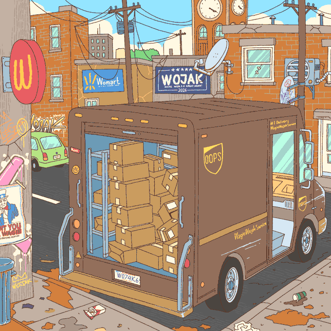 Cartoon illustration of a brown UPS delivery truck filled with cardboard boxes, parked on a city street featuring 'Womart' and 'WOJAK' storefronts and a billboard referencing Wojak Week 2024.