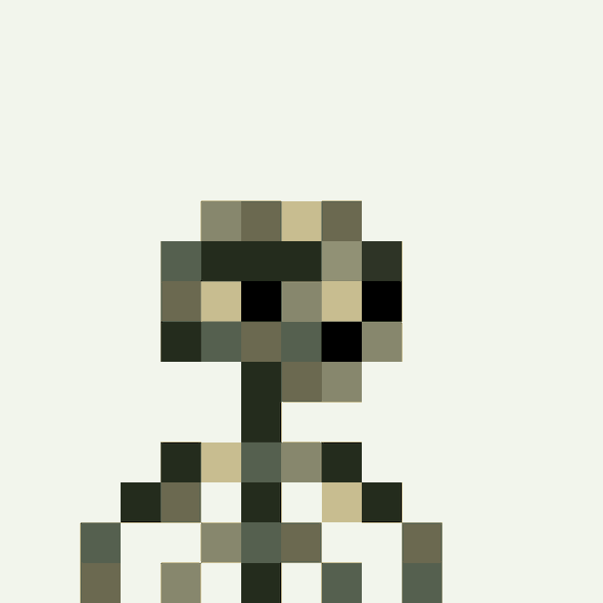A pixel art illustration of a tree or mushroom made of green, olive, beige, and dark green blocks on a white background.