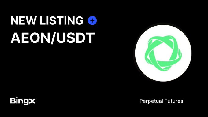 BingX cryptocurrency exchange announcement for a new listing of 'AEON/USDT' Perpetual Futures, featuring a green circular logo.