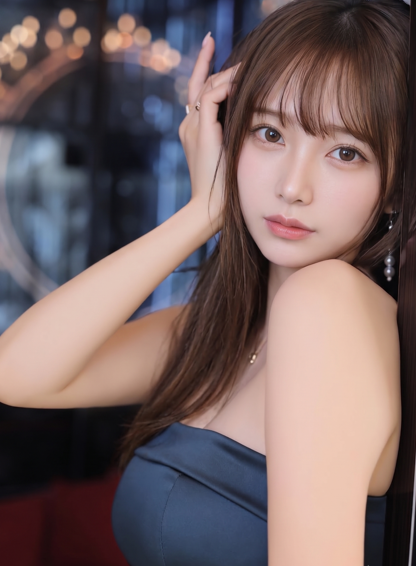 A young woman with long brown hair and bangs poses with her hand near her face, wearing a dark strapless top, with a softly lit bokeh background. The caption's reference to a face "breaking into" a scene ties to her striking, direct gaze and elegant pose that command attention in the portrait.