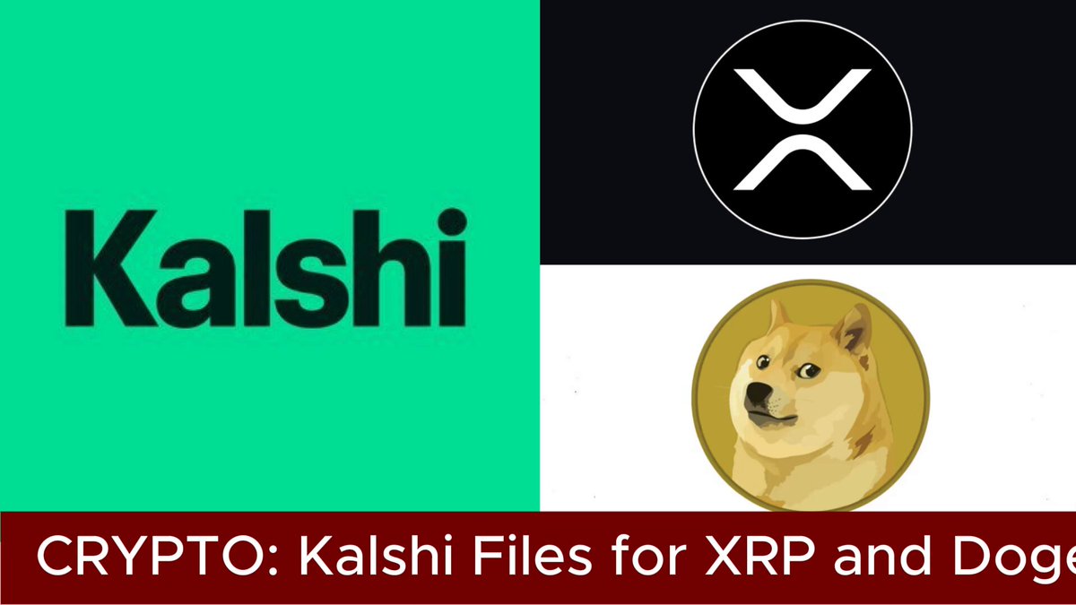 A drawing of a dog with a caption at the bottom that reads "Kalshi Files for XRP and Dogecoin Perpetual Futures Products Kalshi has applied to self certify perpetual futures tied to $XRP , Solana